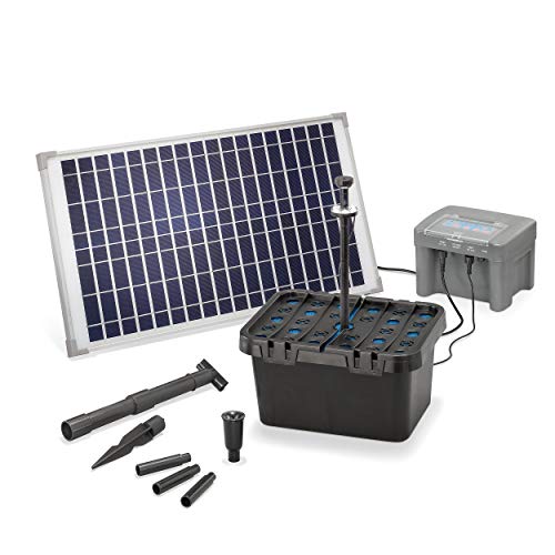 Solar Teichfilter Set Profi bis 2.000 l Teich - 650 l/h Förderleistung 25 Watt Solarmodul - neuester 12 V/12 Ah proBatt Akkuspeicher mit LED Licht - Gartenteich Filter Komplettset, esotec 101064 von Esotec