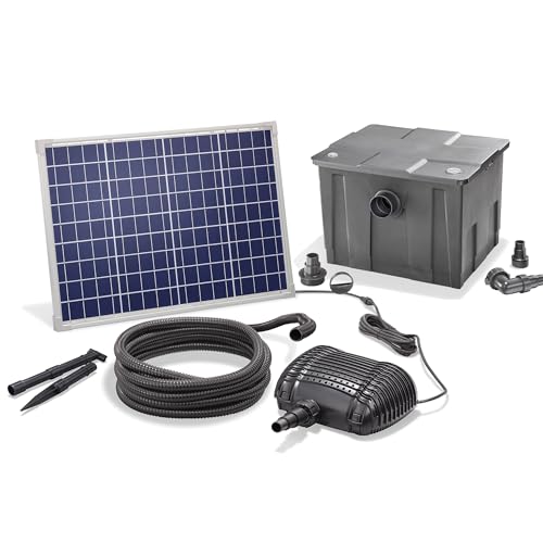 esotec Solar Teichfilterset Premium 50/2500, Teichfilter Komplettset mit Pumpe 2500 l/h, Gartenteich Außenfilter, mehrere Programm-Modi, Teichpumpe, 50Wp, Förderhöhe 2m, IP68 101080 von Esotec