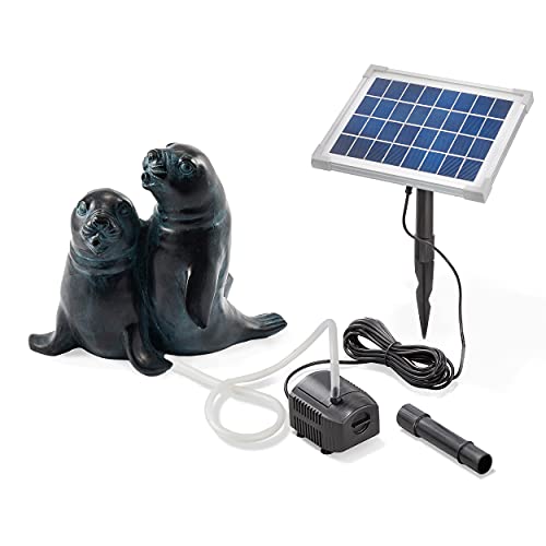 Solarbetriebener Wasserspeier Seehundpaar - inkl. Solar Teichpumpe 5 Watt 250 l/h - Maße ca. 200 x 200 x 220 mm - Wasserspiel für Gartenteich Teichfigur Gartenbrunnen, esotec 101656 von Esotec
