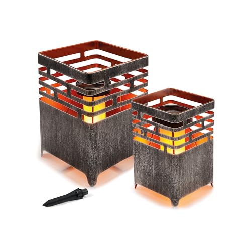 esotec Solar Feuerstelle Lagos, 2er Set, Flackerlicht, Solarleuchte Feuerkorb, LED Windlicht, Gartendeko, Tischlicht, Rostdeko, rostfarben, außen, wetterfest, Metall, IP44 102786 von Esotec