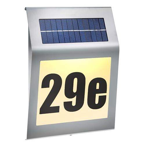 Esotec Hausnummer beleuchtet Solar STYLE | DUO COLOR Hausnummernschild Dämmerungsschalter außen | LED-Außenleuchte Wandleuchte aussen Hausnummernleuchte | EDELSTAHL METALL IP34 wetterfest 102031 von Esotec