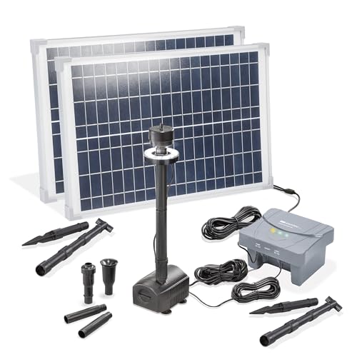 esotec Solar LED Teichpumpe mit Filter 50/1400 für außen | SET Sprinklerpumpe 1400/h | LiFePo4 Akku | Erdspieß Solarmodule 50W | Solarbrunnen für Gartenteich | Wasserpiel Springbrunnenpumpe | 101939 von Esotec