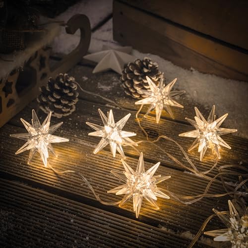 esotec Solar-Lichterkette außen | 10 LED Advent-Sterne warmweiß 3 Meter | LiFePo4 Akku Solarmodul Erdspieß Wandhalterung | Winter aussen Garten-Licht Terrasse Weihnachten wetterfest 102579 von Esotec