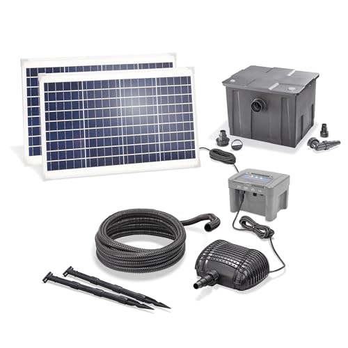 esotec Solar Premium Teichfilterset 70/2800, Teichfilter Komplettset mit Pumpe, 4 Stufen Filterung, LiFePo4 Akku, Förderleistung 2800 l/h, 2 Solarmodule, Teichpumpe, außen, 101091 von Esotec