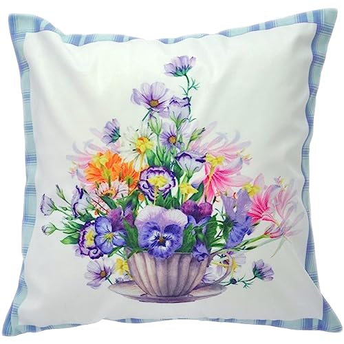 Espamira Kissenhülle 40x40 cm Blumen Teetasse Stiefmütterchen Kissenbezug Frühling Sommer Weich Hülle Kissen Bezug Sofakissen von Espamira