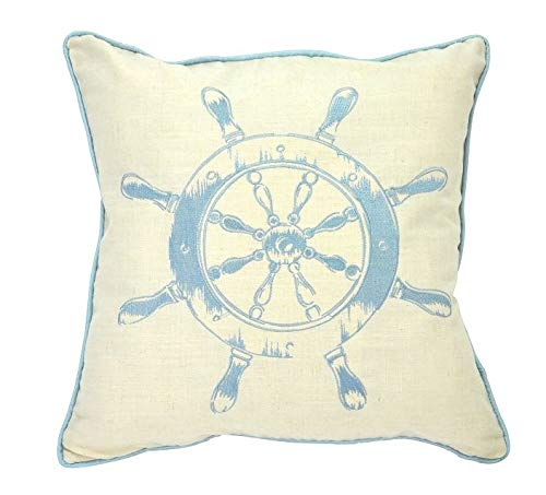 Espamira Kissenhülle 40x40 cm MARITIM Kissenbezug Sofakissen Stickerei Steuerrad 80% Polyester, 20% Leinen (Creme Natur, Hellblau) von Espamira