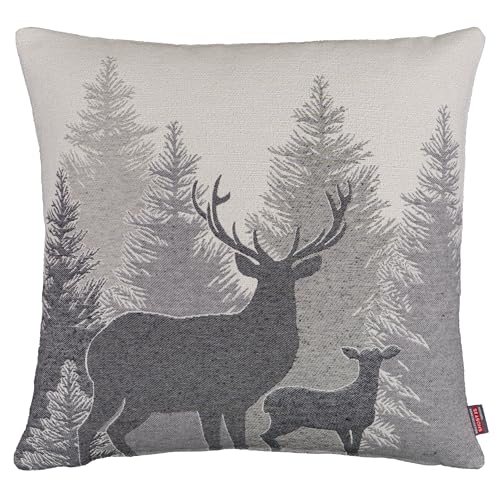 Espamira Kissenhülle Gobelin 45x45 Hirsch Dekokissen Kissenbezug Herbst Weihnachten Winter Kissen Sofakissen Eckig Landhaus Beidseitig Gewebt (Grau) von Espamira