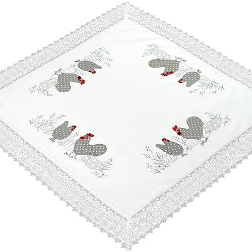 Espamira Ostertischdecke Spitze Tischdecke 85x85 cm Ostern Weiß Hahn Henne Hellgrau Osterdecke Mitteldecke Osterdeko 100% Polyester von Espamira