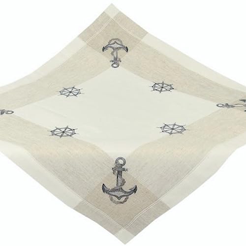 Tischdecke 110x110 cm MARITIM Leinenoptik Mitteldecke Rustikal Landhaus 100% Polyester (Steuerrad Beige, Weiß, Blau) von Espamira