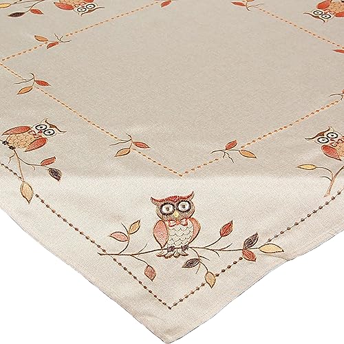 Espamira Tischdecke Herbst 85x85 Eule Beige Mitteldecke Bestickt Decke Eulendecke Tischdekoration Eckig Stoff Pflegeleicht 100% Polyester von Espamira