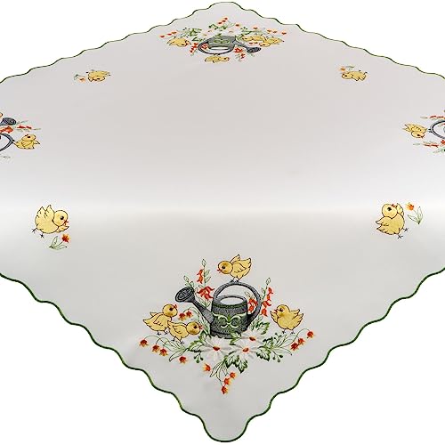 Espamira Tischdecke Ostern 85x85 Küken Gestickt Frühlingsdecke Eckig Decke Mitteldecke Bestickt Ostertischdecke Gießkanne Stoff Pflegeleicht 100% Polyester von Espamira