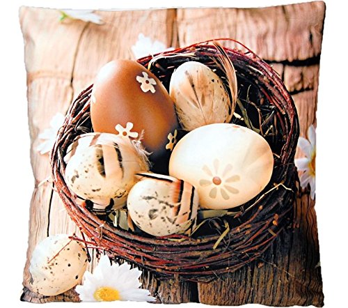 Espamira Weiche Kissenhülle 40x40 cm Osternest Kurzvelours Dekokissen Kissenbezug Fotoprint Kissen Osternest Braun Beige von Espamira