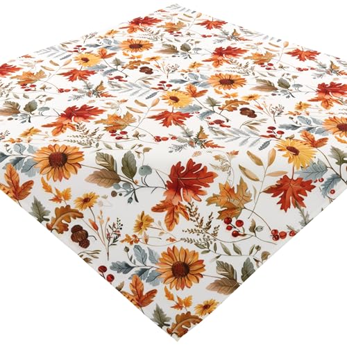 Tischdecke Bügelfrei Mitteldecke Stoff Herbstlich 85 x 85 Tischwäsche Weiß Sonnenblumen Gelb Pflegeleicht Waschbar von Espamira