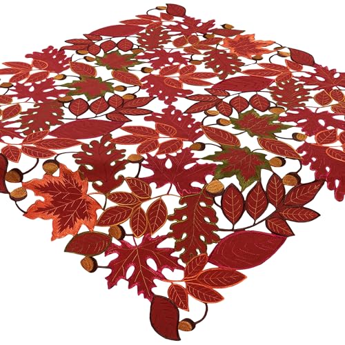 Tischdecke Herbst Bestickt 85x85 Mitteldecke Tischwäsche Herbstlich Weinrot Blätter Stickerei Stoff Waschbar von Espamira