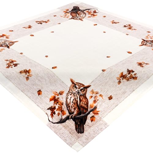 Tischdecke Herbst Mitteldecke Stoff Beige 85 x 85 Tischwäsche Weiß Eule Blatt Terrakotta Pflegeleicht Waschbar von Espamira