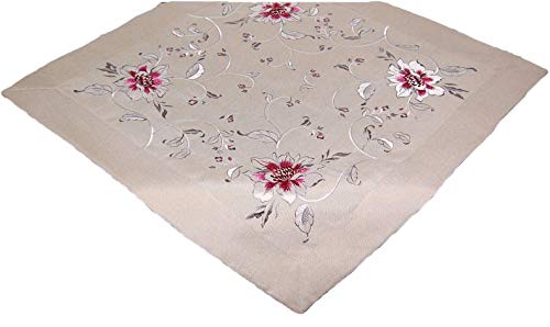 Espamira TISCHDECKE Eckig Leinenoptik Beige Blüte Silbergrau PINK gestickt Polyester Decke (Mitteldecke 85x85 cm) von Espamira