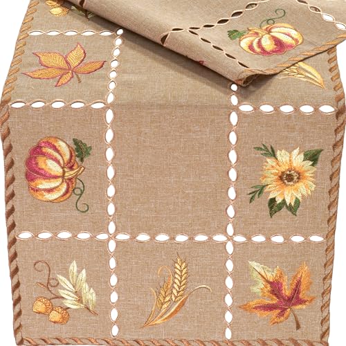 Tischläufer Herbstlich Bestickt 40x110 Tischdecke Herbst Tischwäsche Halloween Sonnenblume Kürbis Blätter Stoff Waschbar von Espamira