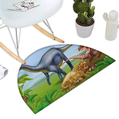 Dinosaur Semicircle Doormat Verschiedene Arten von Dinosauriern, Natur, Dschungel, Umwelt, T-Rex Triceratops Cartoon Halfmoon Doormats H 11,9 cm xD 70,8 Zoll, Mehrfarbig von Esperanza