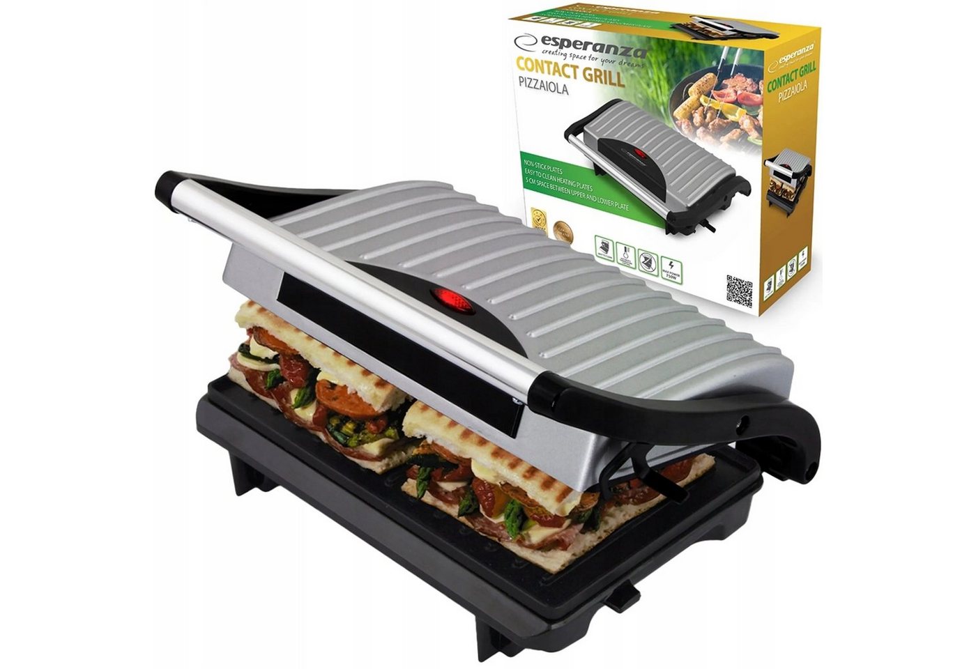 Esperanza Kontaktgrill Kontakt-Pizzagrill Tischgrill für Steak, Sandwich Panini Toaster, 750,00 W, Automatische Temperaturregelung & Antihaftbeschichtung & Edelstahl von Esperanza