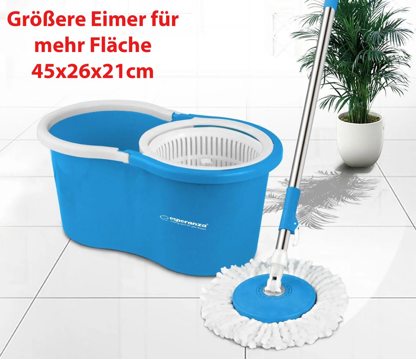 Esperanza Wischmopp Bodenwischer Wischmop Set Mopp Eimer 16cm Ø Teleskopstiel Mikrofaser, Schmutzwasserauslass unten &extra großer Eimer mit 360°-Drehung von Esperanza