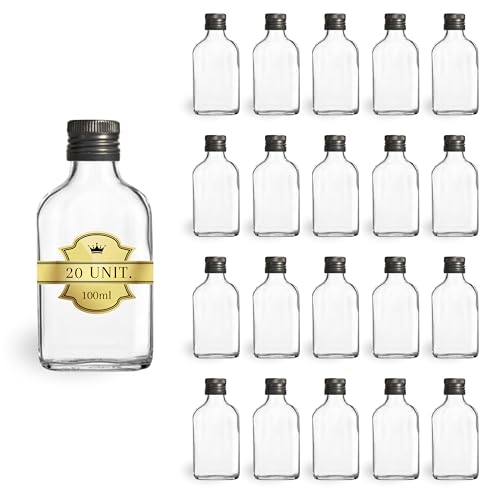 20 x leere Glasflaschen, 100 ml, Stil, mit schwarzem Schraubverschluss, Flasche für Whiskey, Rum, Likör – Taschenfläschchen für Spirituosen von Espirito Rebelde
