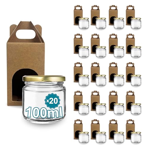 Espirito Rebelde 20 leere Einmachgläser mit Deckel 100 ml mit 20 Pappschachteln für 1 Marmeladengläser inkl. goldfarbenem Schraubdeckel für Marmeladen, Konfitüren, Honig von Espirito Rebelde