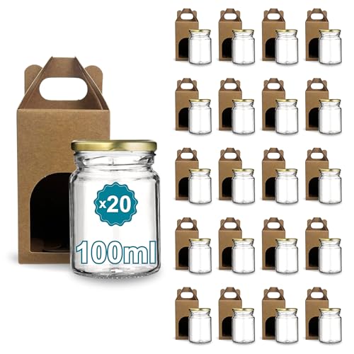 Espirito Rebelde 20 leere Einmachgläser mit Deckel 100 ml mit 20 Pappschachteln für 1 Marmeladengläser inkl. goldfarbenem Schraubdeckel für Marmeladen, Konfitüren, Honig von Espirito Rebelde