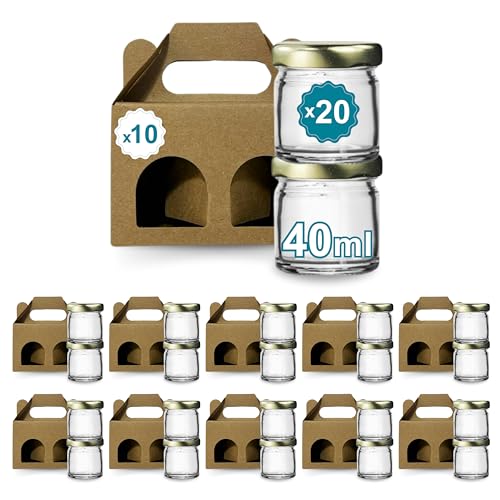Espirito Rebelde 20 leere Einmachgläser mit Deckel 40 ml mit 10 Pappschachteln für 2 Marmeladengläser inkl. goldfarbenem Schraubdeckel, für Marmeladen, Einkochen, Honig von Espirito Rebelde