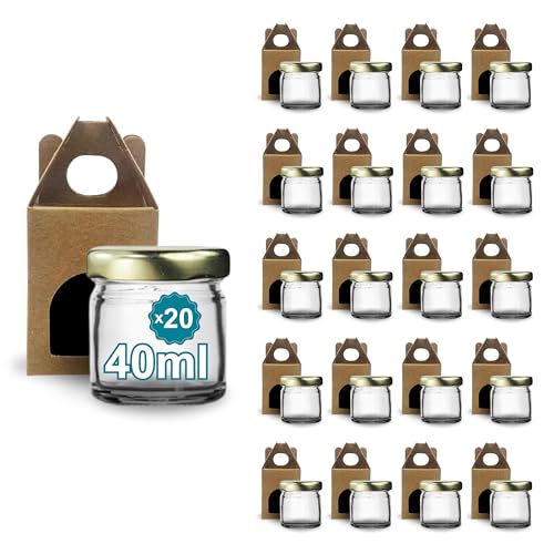Espirito Rebelde 20 leere Einmachgläser mit Deckel 40 ml mit 20 Pappe Einmachgläser Marmeladengläser Einmachgläser Einmachgläser Einmachgläser Honiggläser mit goldfarbenem Schraubdeckel von Espirito Rebelde