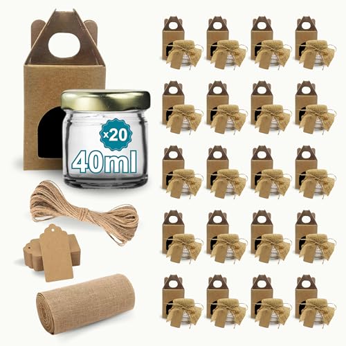 Espirito Rebelde 20 leere Glasdosen 40 ml mit Deckel + Boxen + Stoff + Jute-Schnur + Kraftetiketten | Marmelade, Konfitüren, Honig | Hochzeitsandenken von Espirito Rebelde