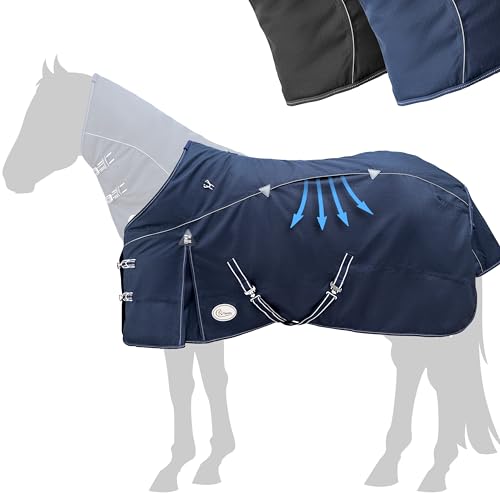 Esposita Airflow Outdoordecke Regendecke mit Fleece 200g Weidedecke Outdoordecke Übergangsdecke Champion Edition optimales Klima ohne Hitzestau 100% wasserdicht Pferdedecke 135cm Polarfleece Navy von Esposita