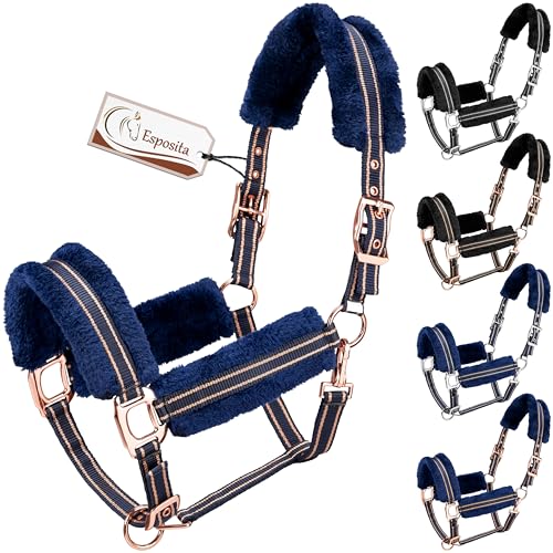 Esposita Halfter Champion Edition Stallhalfter Fellhalfter Flauschhalfter weich unterlegt mit Kunstfell flauschig (Pony, Navy/Rosegold) von Esposita