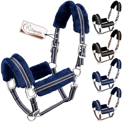 Esposita Halfter Champion Edition Stallhalfter Fellhalfter Flauschhalfter weich unterlegt mit Kunstfell flauschig (Shetty, Navy/Silber) von Esposita