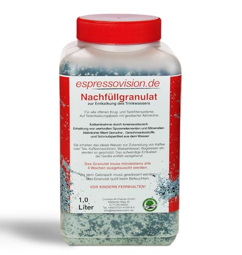 1 Liter Nachfüllgranulat - Wasserfilter Granulat für nachfüllbare Kartuschen I Füllgranulat / Filtergranulat für Krug- & Tankfilter vieler Marken - entkalkt Wasserenthärter für Filterkartuschen von espressovision