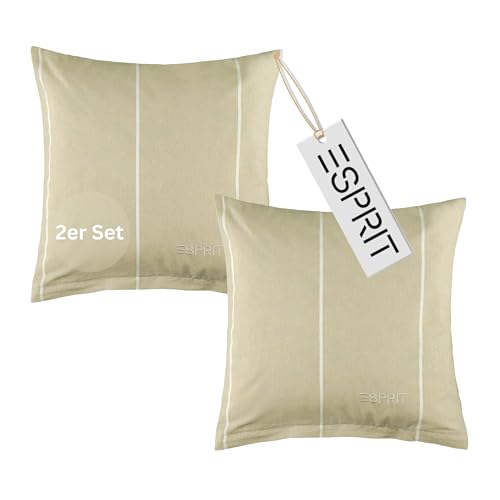 Esprit Home 2er Set Premium Kopfkissenbezug 40x40 Baumwolle - Beige - 2teilig - Kopfkissenbezüge mit Esprit-Logo gestickt - Doubleface - farblich passend zur Bettwäsche mit Reißverschluss von Esprit Home