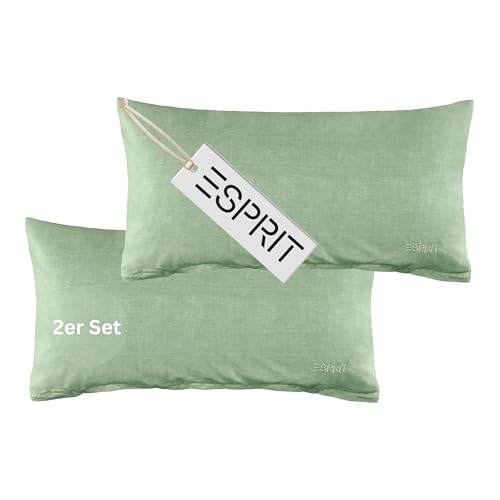 Esprit Home 2er Set Premium Kopfkissenbezug 40x80 Baumwolle - Grün - 2teilig - Kopfkissenbezüge mit Esprit-Logo gestickt - Doubleface - farblich passend zur Bettwäsche mit Reißverschluss von Esprit Home