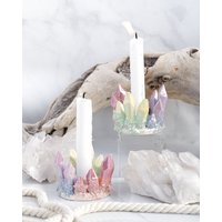 Handgemachter Regenbogen Kristall Kerzenhalter Elegante Keramik Basis von EssaraiCeramics