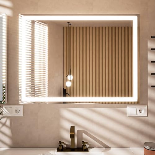 Essbhach Badspiegel mit Beleuchtung, Badezimmerspiegel Antibeschlag, 3 Lichtfarben Led Badezimmer Spiegel mit Touch Schalter, Spiegel Bad mit Licht, 80 x 60 cm von Essbhach