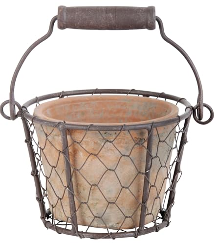 3 Stück Esschert Design Blumentopf, Übertopf in Aged Terracotta im Henkelkorb, ca. 15 cm x 13 cm x 9,5 cm von Esschert Design BV