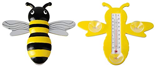 2 Stück Esschert Design Fensterthermometer, Temperaturmesser Motiv Biene mit Saugnapf, von Innen ablesbar, ca. 22 cm x 20 cm von Esschert Design
