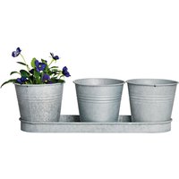Esschert Design Blumentopf, Übertopf 3er-Set aus verzinktem Metall auf einem Tablett in grau, ca. 33 cm x 11 cm x 11 cm von Esschert Design