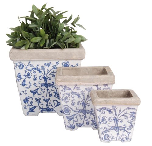 Esschert Design Keramik Blumentopf 3er Set, 3 Verschiedene Größen, blau-weißes Blumenmuster von Esschert Design