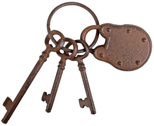 Esschert Design Schlüsselbund mit Schloss und drei Schlüsseln aus rötlichem Gusseisen, ca. 7,5 cm x 6,5 cm x 20 cm von Esschert Design