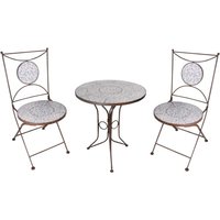 Esschert Design Set: Gartentisch mit blau-weißer Keramik Oberfläche, ca. 60 cm x 60 cm x 70 cm, 2 Gartenstühle mit Keramik Sitzfläche und Rückteil von Esschert Design