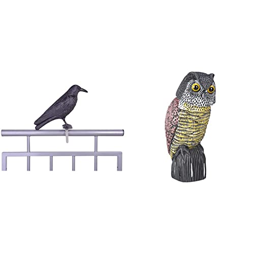 Esschert Design Vogelschreck Krähe, schwarz, 12.9 x 36.2 x 22.2, FY18 & Relaxdays Vogelschreck Eule, mit Wackelkopf, stehende Dekofigur, Taubenschreck für Garten, Balkon, Terrasse, Mehrfarbig von Esschert Design