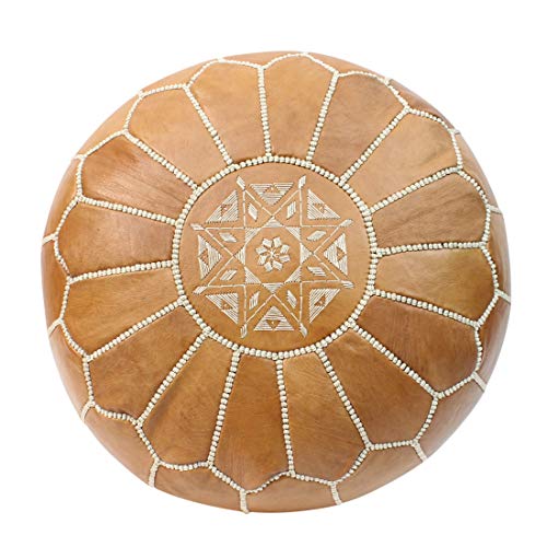 ESSENCE OF MOROCCO Marokkanischer Pouf / Pouf mit Fußstütze, Fußhocker, Ottoman, echtes Leder, naturbraun, handgefertigt, handgenäht mit gesticktem Design, RAK2 (nur Bezug) von Essence of Morocco