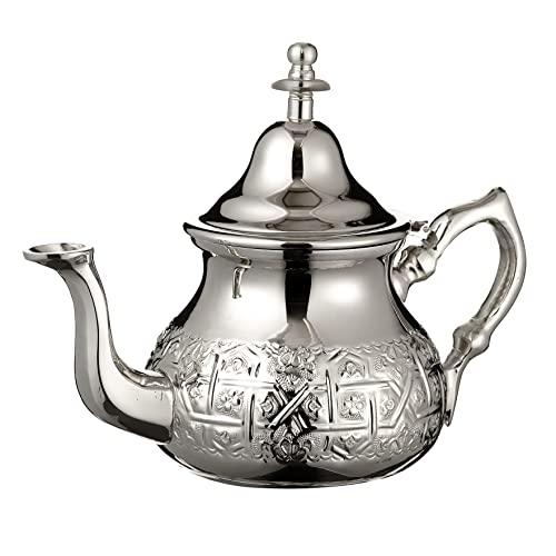 Marokkanische Silber Teekanne Perfekt für Minztee Inklusive Griffabdeckung und Integriertem Filter Authentic mit einem Klassischen Gravierten Design Handgemacht Mittlere Groß Größe 800 ML ca. 7 Teegläser von Essence of Morocco