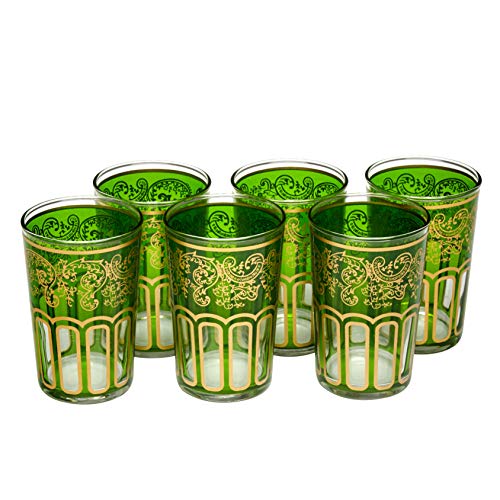 Marokkanische Teegläser mit einem schönen klassischen marokkanischen Design, von Hand bemalt und dekoriert, 6 Stück (grün) von Essence of Morocco