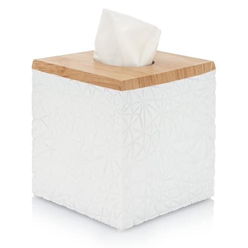Essentra Home Quadratische Taschentuchbox-Abdeckung, matt, Weiß mit Holzdruck oben, moderner Würfel-Taschentuchbox-Halter von Essentra Home