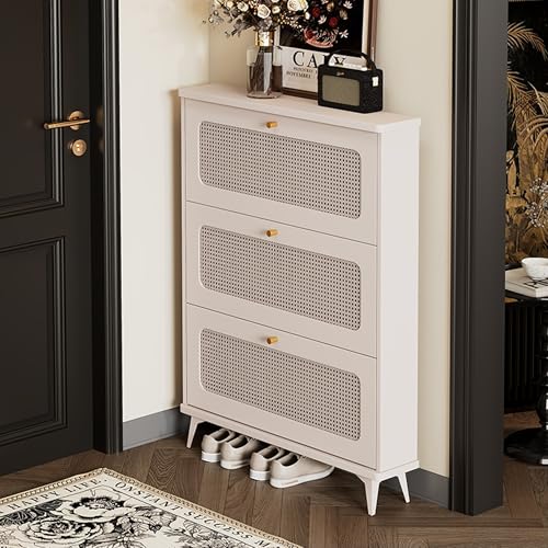 Esspoxi Aufbewahrungs-Organizer für Eingangsbereich, Schuhschrank mit Rattantür Und Metallgriffen, Schmaler Schuhschrankhalter, Mueble para Zapatos mit Zwei Stärken(White,Double_23.6IN) von Esspoxi